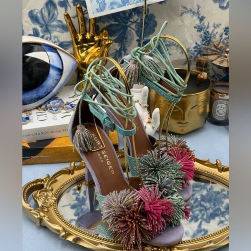 🆕 KURT GEIGER LONDON 🧿 NWOB Lilac & Teal Pom Pom Tie Ankle Heel, Sz 36 US 6 - Picture 6 of 15